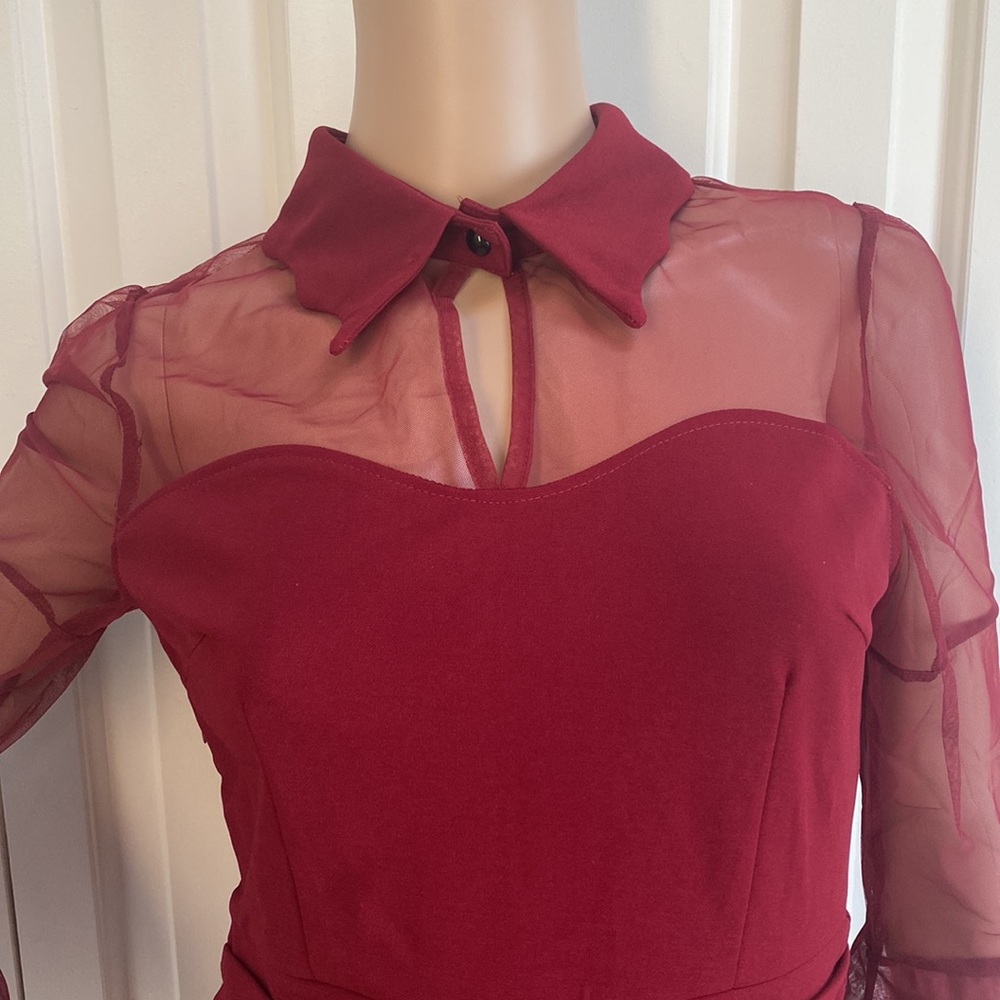 NWT Amazon Red Women Womens Dress Size Small. Sheer Bell Sleeves and Collar. - Picture 5 of 13